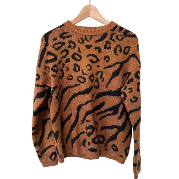 Line And Dot Anthropologie Orange Animal Print Cheetah Sweater Size XS Oversized - Picture 1 of 11